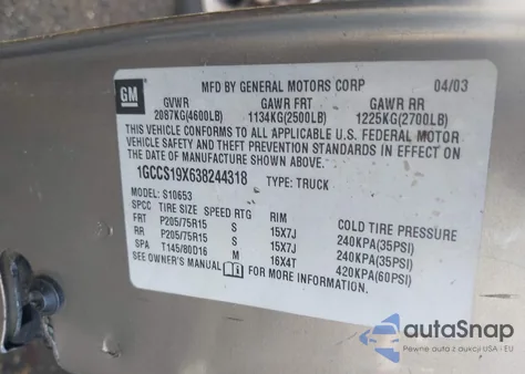 2003 Chevrolet S-10 Ls из США, поврежденный, VIN 1GCCS19X638244318